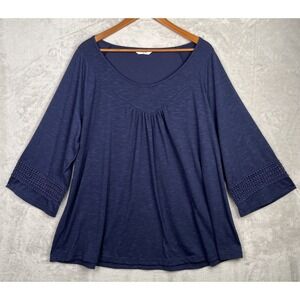 Agnes Orinda Womens 3X Top Navy Blue Shirt Crochet Lace Boho 3/4 Sleeves Tunic